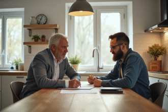 Propriétaire et locataire signant un contrat de location dans un appartement lumineux