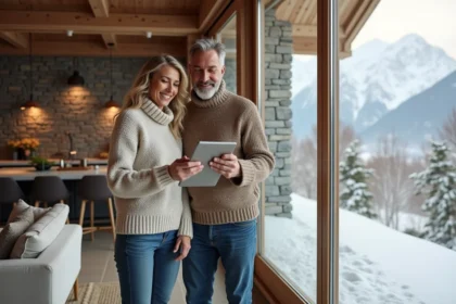 Couple souriant dans un appartement alpin moderne