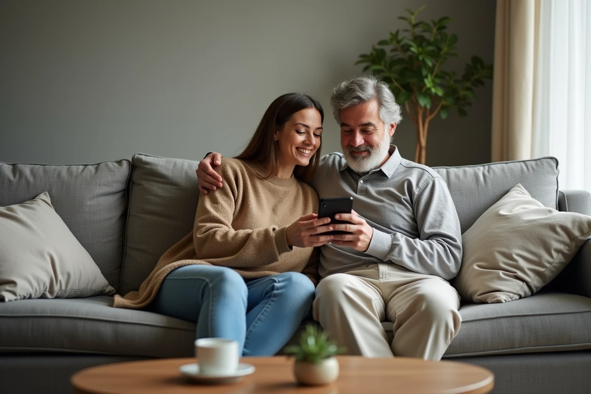 Couple consultant ensemble l'application de sécurité et gestion du logement raffinement-et-habitat sur un canapé
