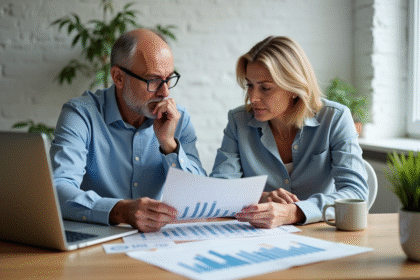 Couple d'adultes recherchant un bien immobilier en intérieur