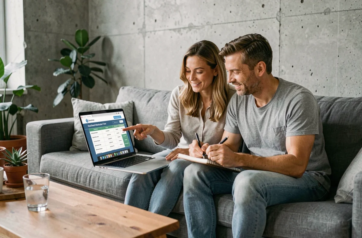 Couple comparant les mandats et frais d'agences immobilières sur un ordinateur portable à domicile