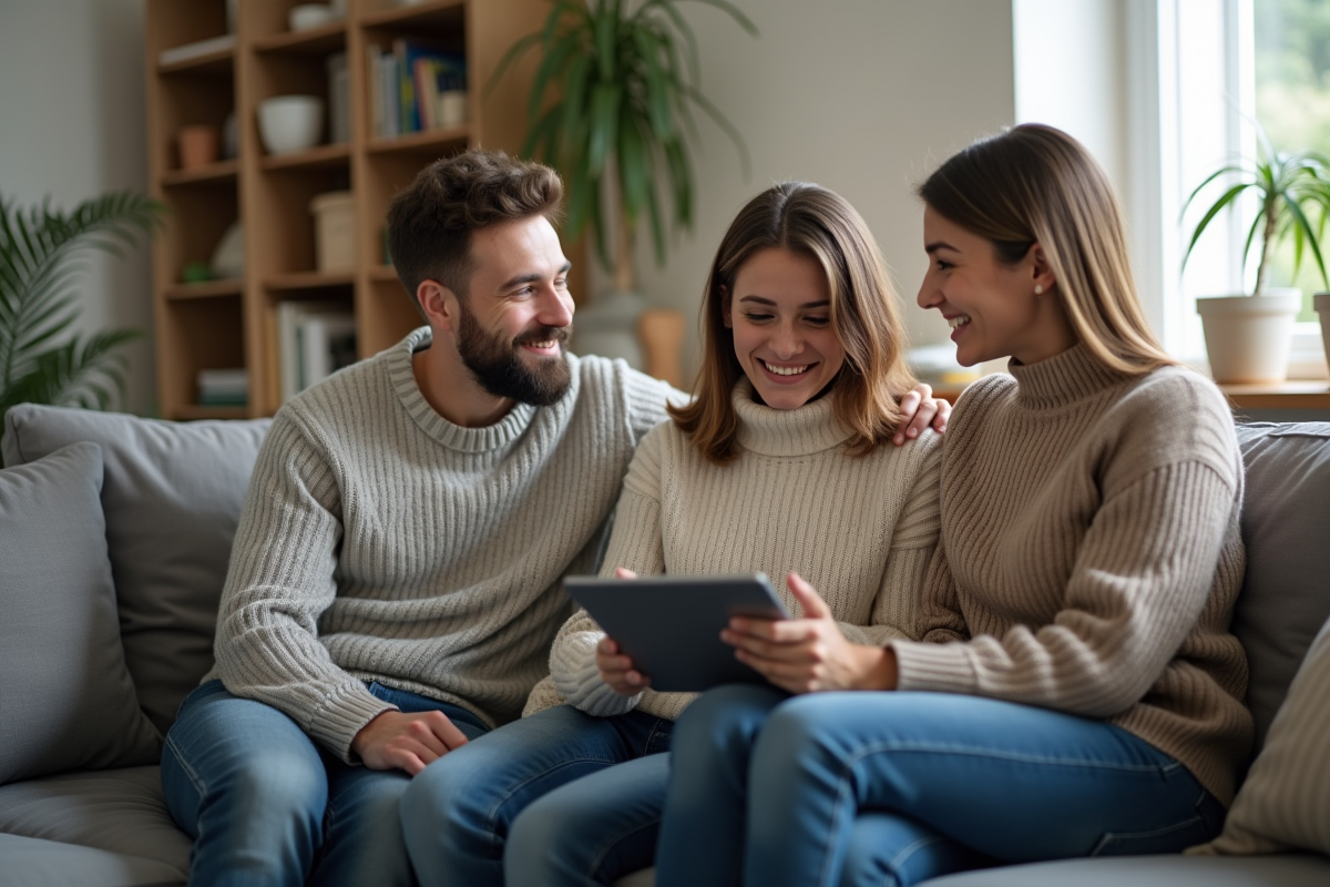 Jeune couple discutant avec conseiller financier à la maison