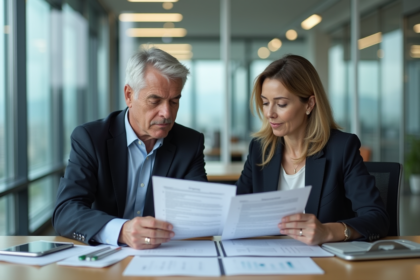 Couple d'adultes examine un contrat d'hypothèque au bureau