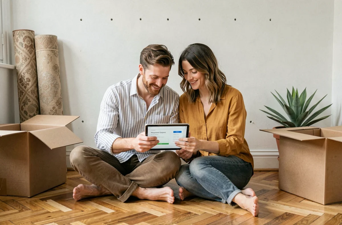 Couple effectuant leurs démarches administratives sur tablette lors de leur emménagement dans un nouvel appartement