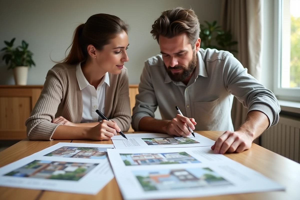 Couple étudiant des annonces de location de maison entre particuliers autour d'une table avec des documents imprimés