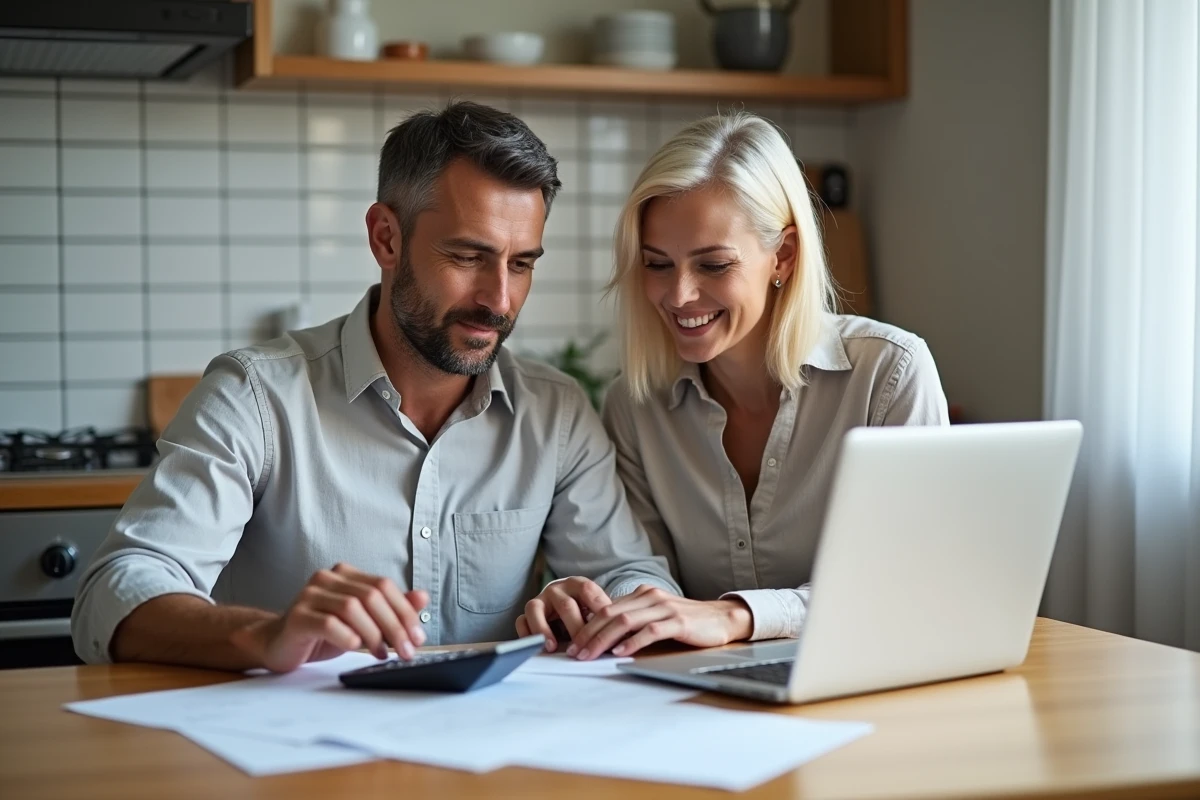 Couple de fonctionnaires étudiant les conditions d'un emprunt immobilier de 200 000 euros à domicile