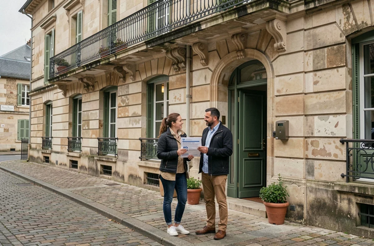 Couple devant un immeuble résidentiel à Vichy avec une brochure d'assurance habitation