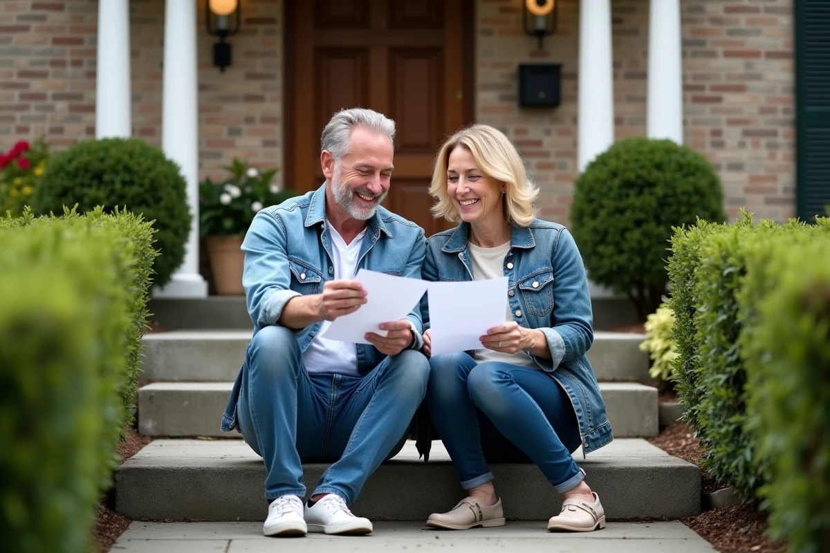 Couple détendu examinant des documents devant leur maison