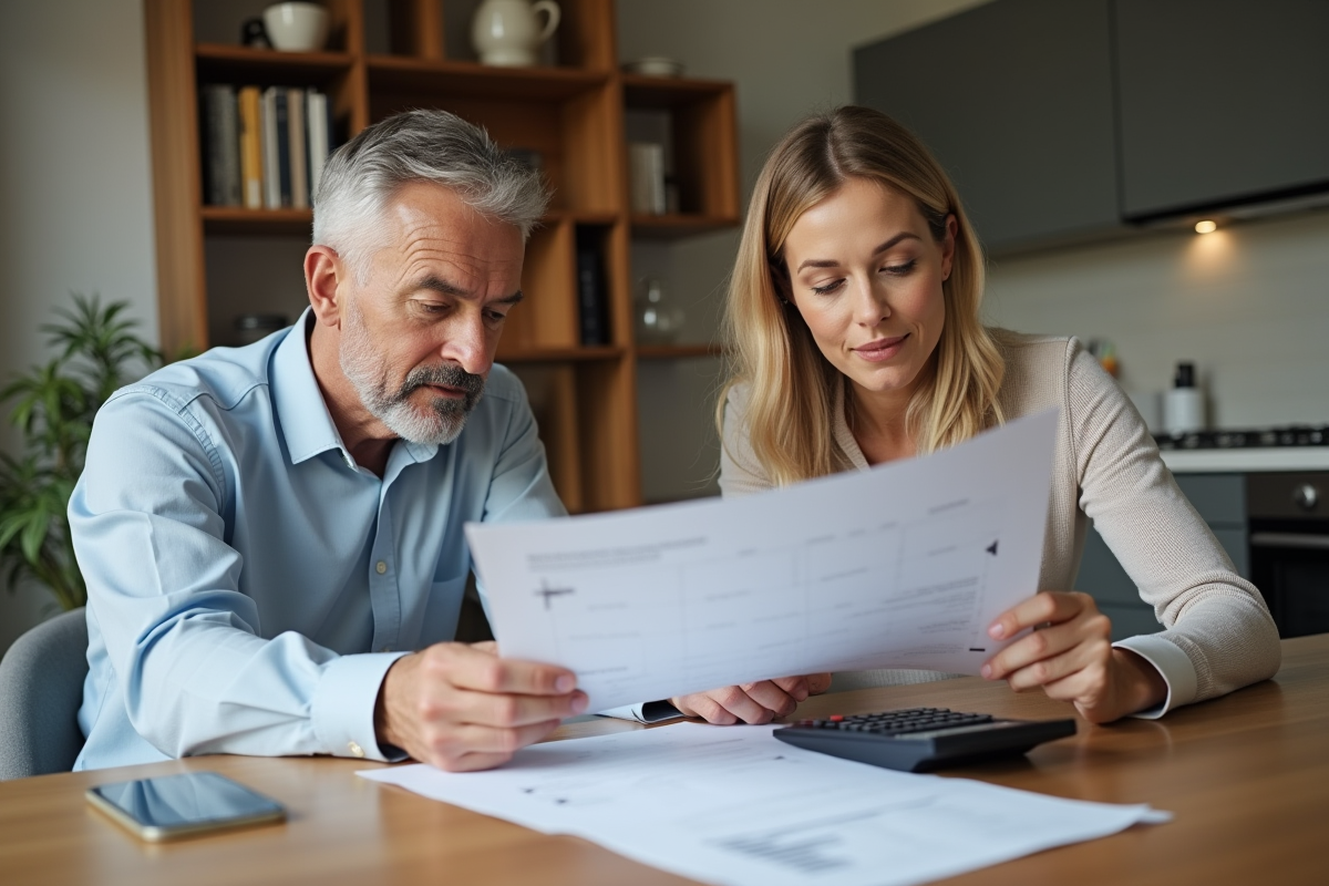Couple d'adultes lisant des documents à la maison