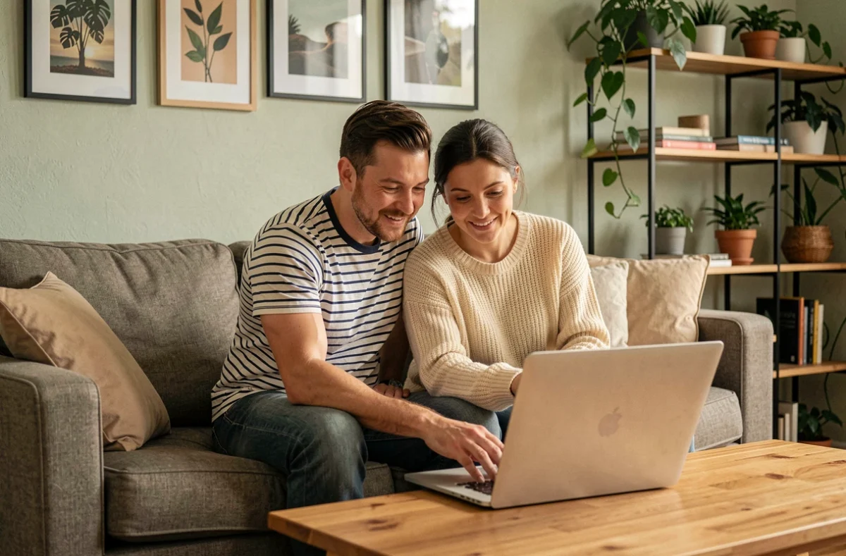 Couple de locataires dans un appartement meublé comparant des assurances habitation sur un ordinateur portable
