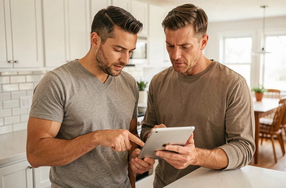 Couple de locataires consultant un devis d'assurance habitation sur une tablette dans leur cuisine