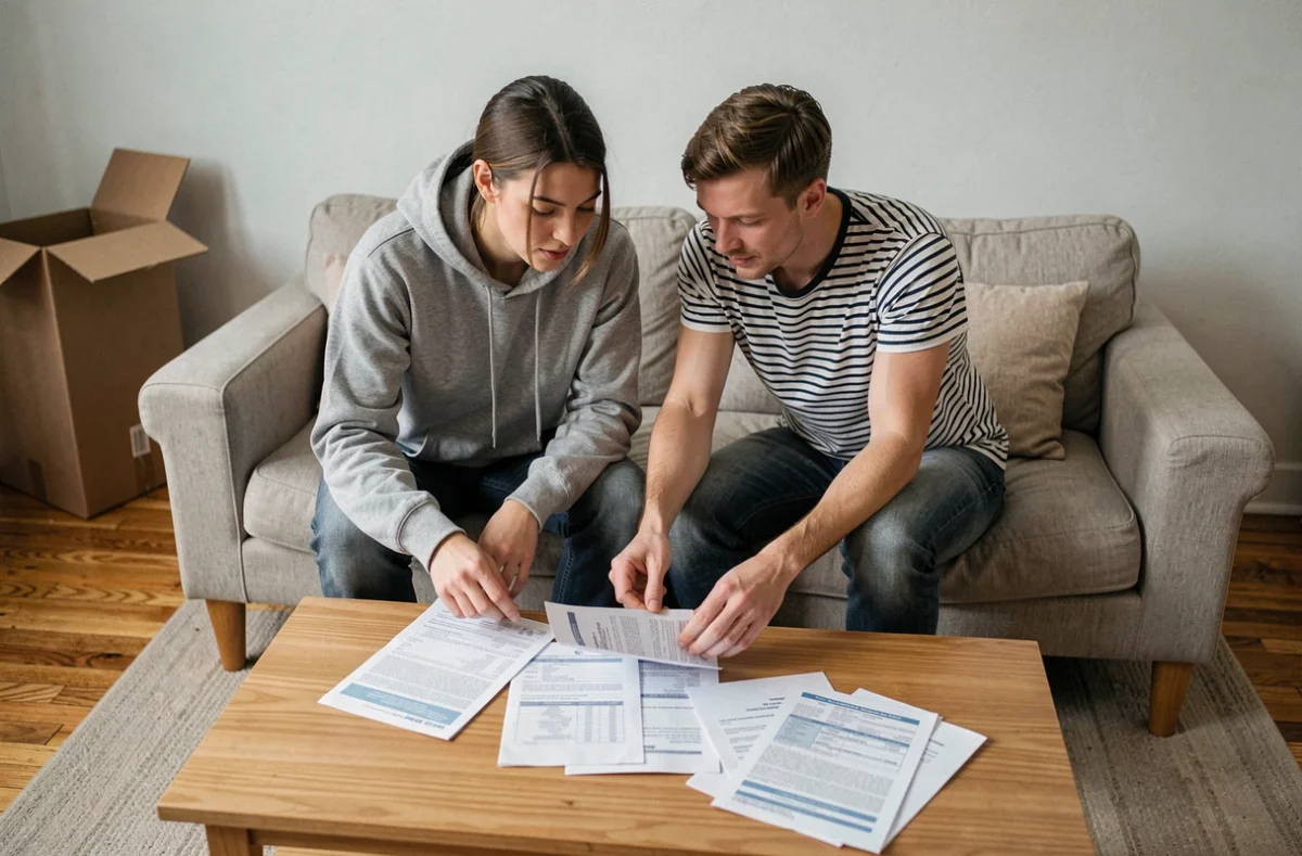 Couple de locataires examinant des documents d'assurance habitation dans un appartement fraîchement emménagé avec des cartons