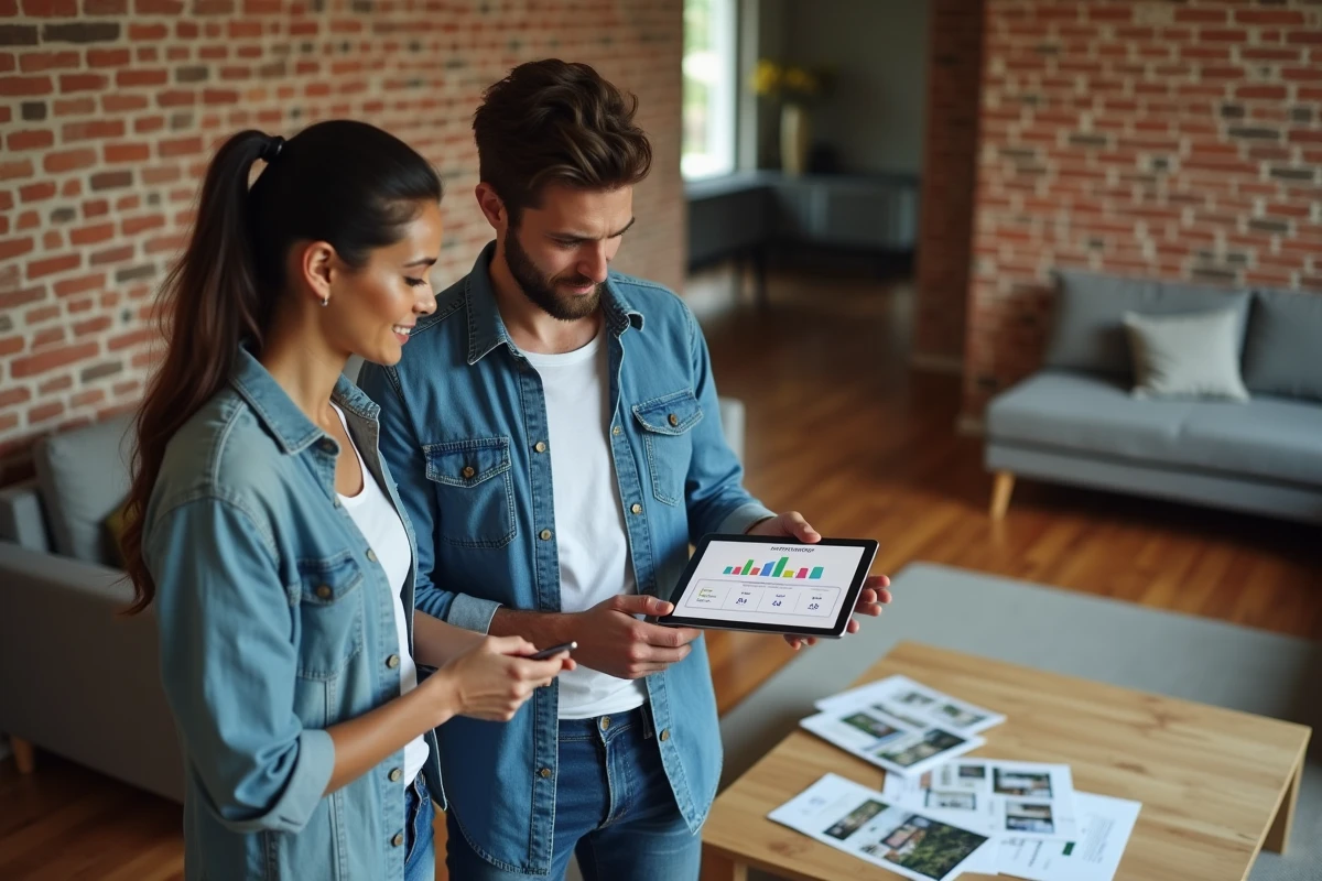 Couple utilisant une tablette avec un logiciel d'estimation immobilière dans un appartement à vendre