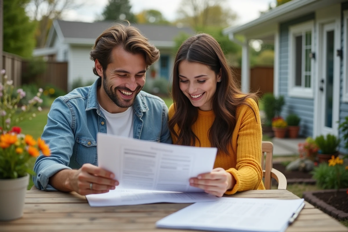 Jeune couple souriant dans un jardin en train de consulter un dossier de location