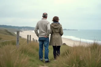 Couple d'âge moyen sur dunes regardant la côte
