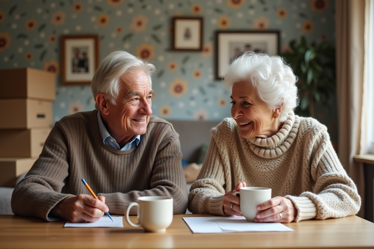 Couple âgé préparant des cartes postales à la maison