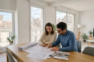 Couple étudiant les plans d'un logement neuf à Montpellier autour d'une table moderne