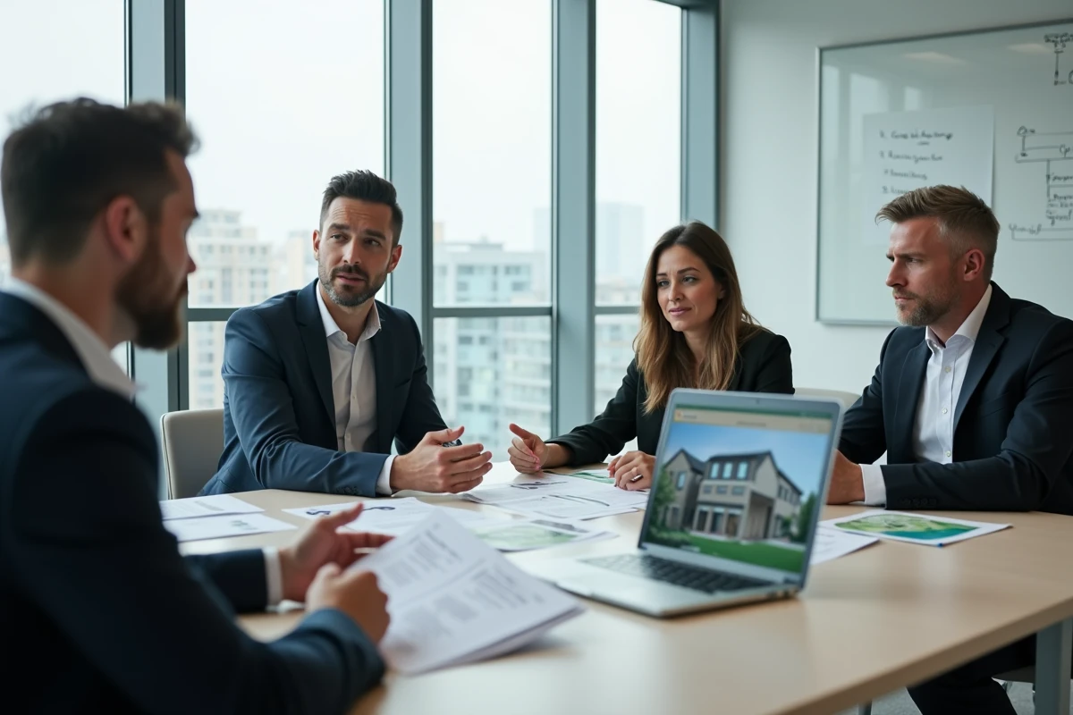 Couple en réunion avec un conseiller juridique pour sécuriser légalement un contrat avec une société de logement