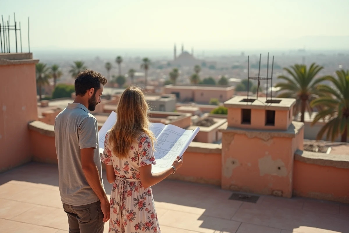 Couple étudiant des plans architecturaux sur la terrasse inachevée d'une petite villa à Marrakech avec vue sur la médina et travaux en cours