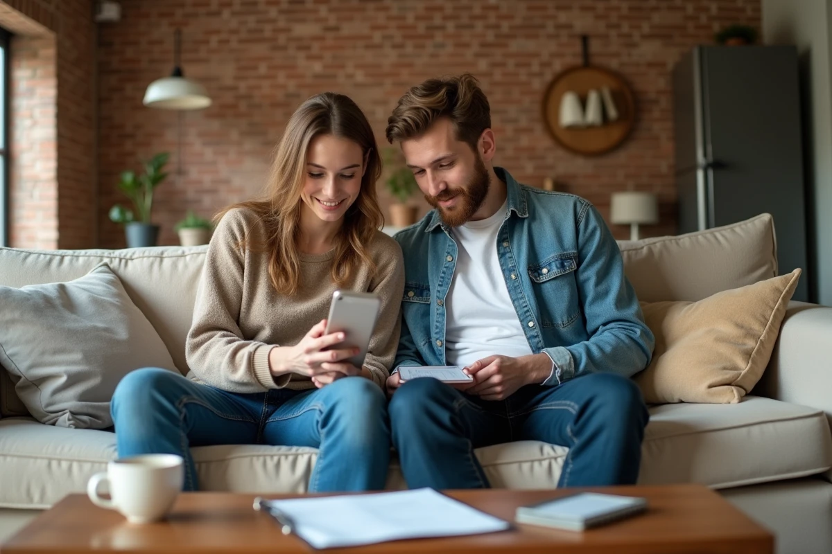 Couple vérifiant ensemble la fiabilité des avis sur une plateforme de location immobilière avant de soumettre leur dossier