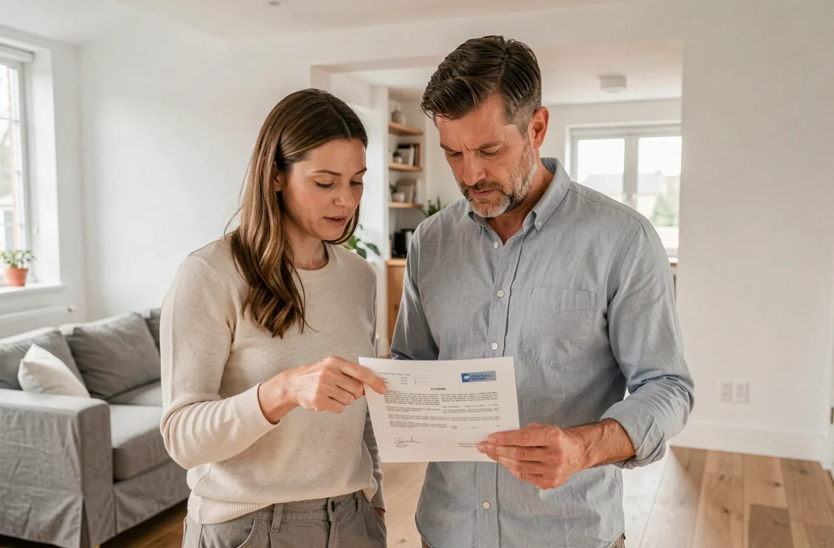 Couple vérifiant leur quittance d'assurance habitation dans leur appartement