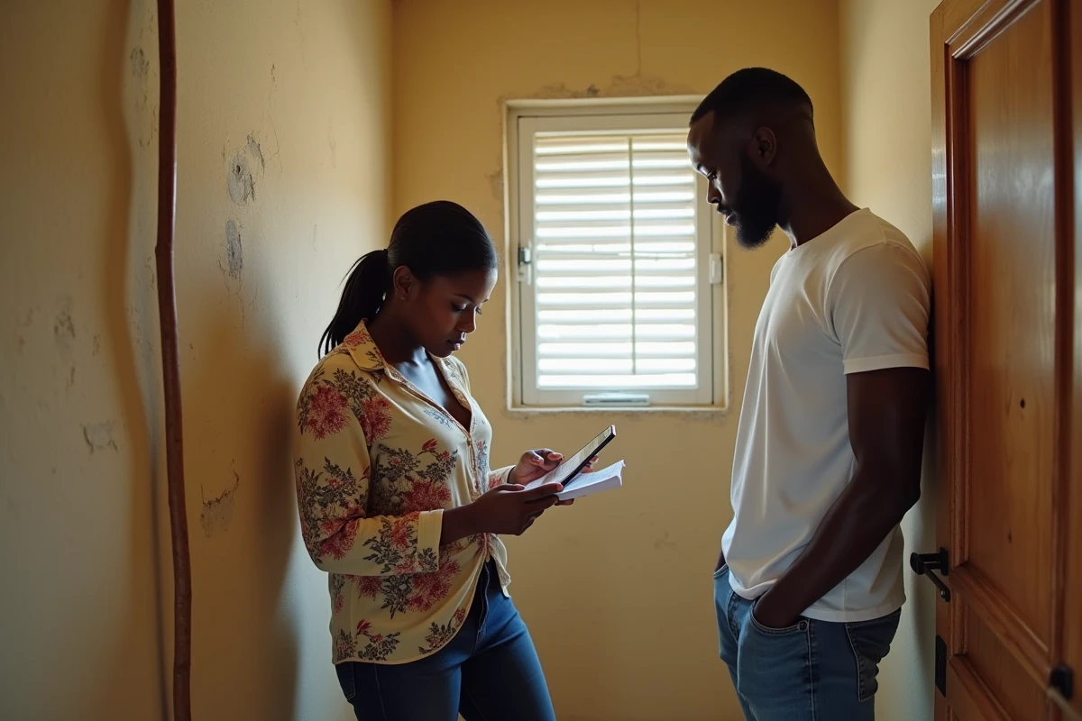 Couple visitant un appartement à louer pas cher à Dakar en évaluant l'état du logement