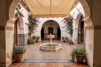 Cour intérieure d'un petit riad traditionnel à Marrakech avec fontaine en marbre, zellige coloré et arcades en stuc sculpté