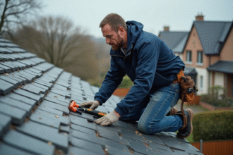 Ouvrier couvreur inspectant un toit en ardoise traditionnel