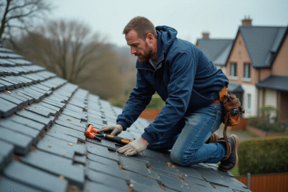 Ouvrier couvreur inspectant un toit en ardoise traditionnel
