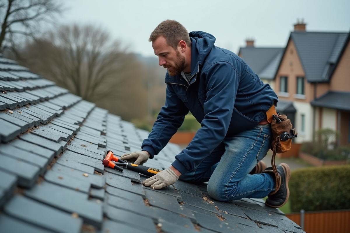 Ouvrier couvreur inspectant un toit en ardoise traditionnel