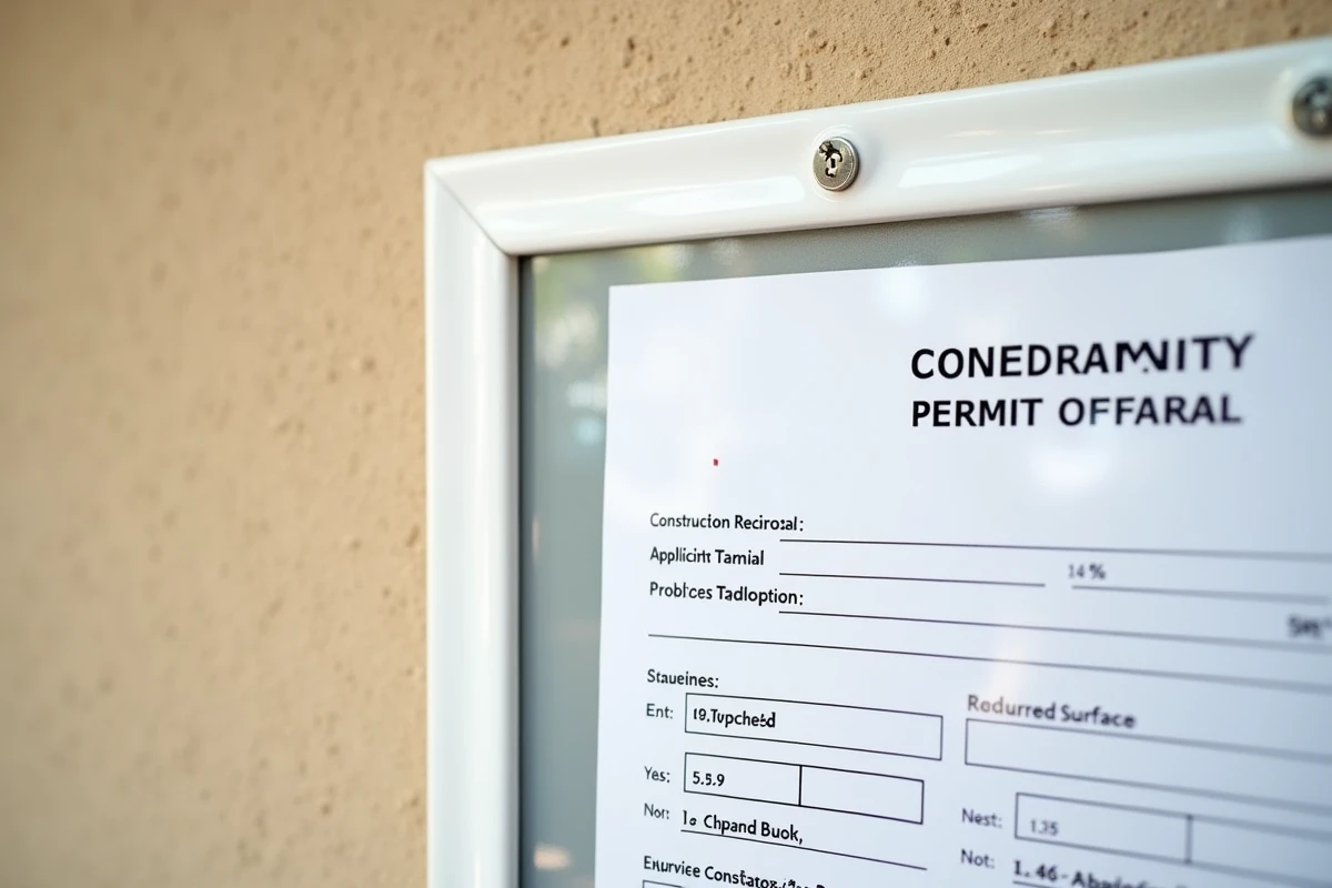 Gros plan sur un panneau de permis de construire plastifié avec informations administratives affiché sur façade