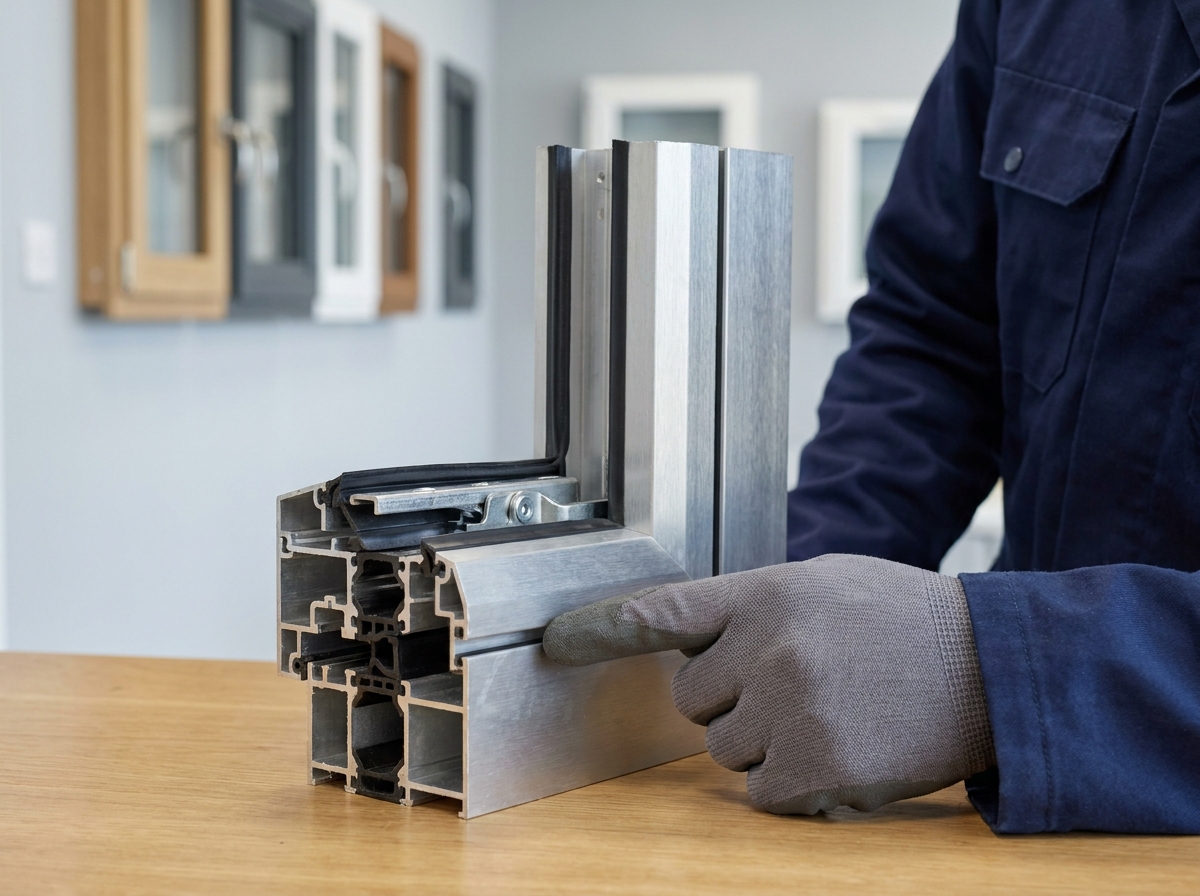 Détail technique d'un profilé de fenêtre aluminium avec rupture de pont thermique présenté dans un showroom de menuiserie à Rennes