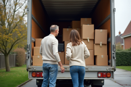 Couple organisant des cartons dans un camion de déménagement