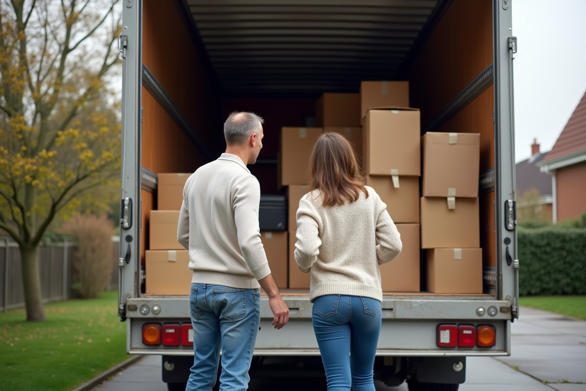 Couple organisant des cartons dans un camion de déménagement