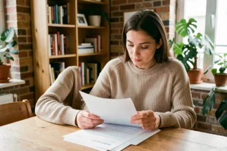 Femme locataire examinant des documents d'assurance habitation à une table en bois dans un appartement moderne