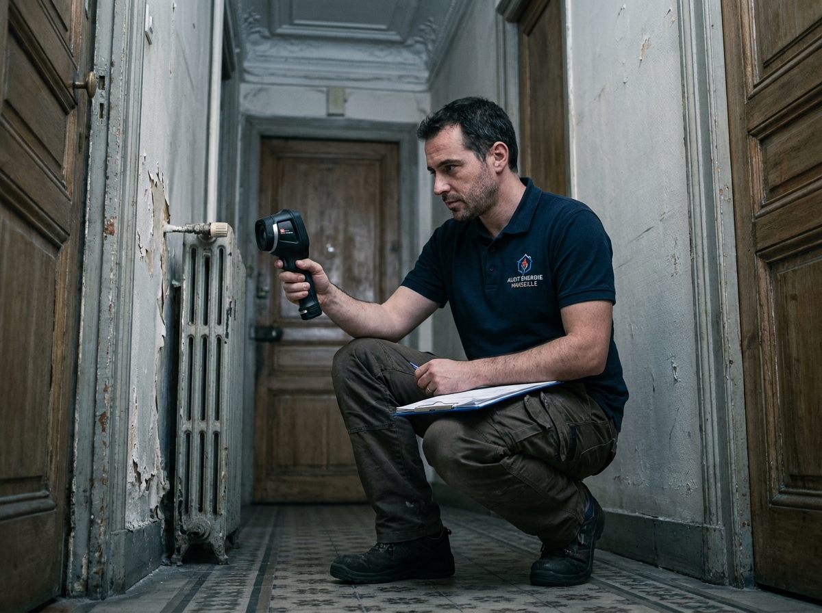 Diagnostiqueur immobilier mesurant la performance thermique d'un radiateur dans un couloir d'appartement ancien à Marseille