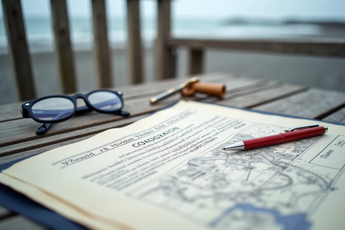 Documents notariaux et carte cadastrale d'un terrain bord de mer posés sur une table en extérieur pour une transaction immobilière