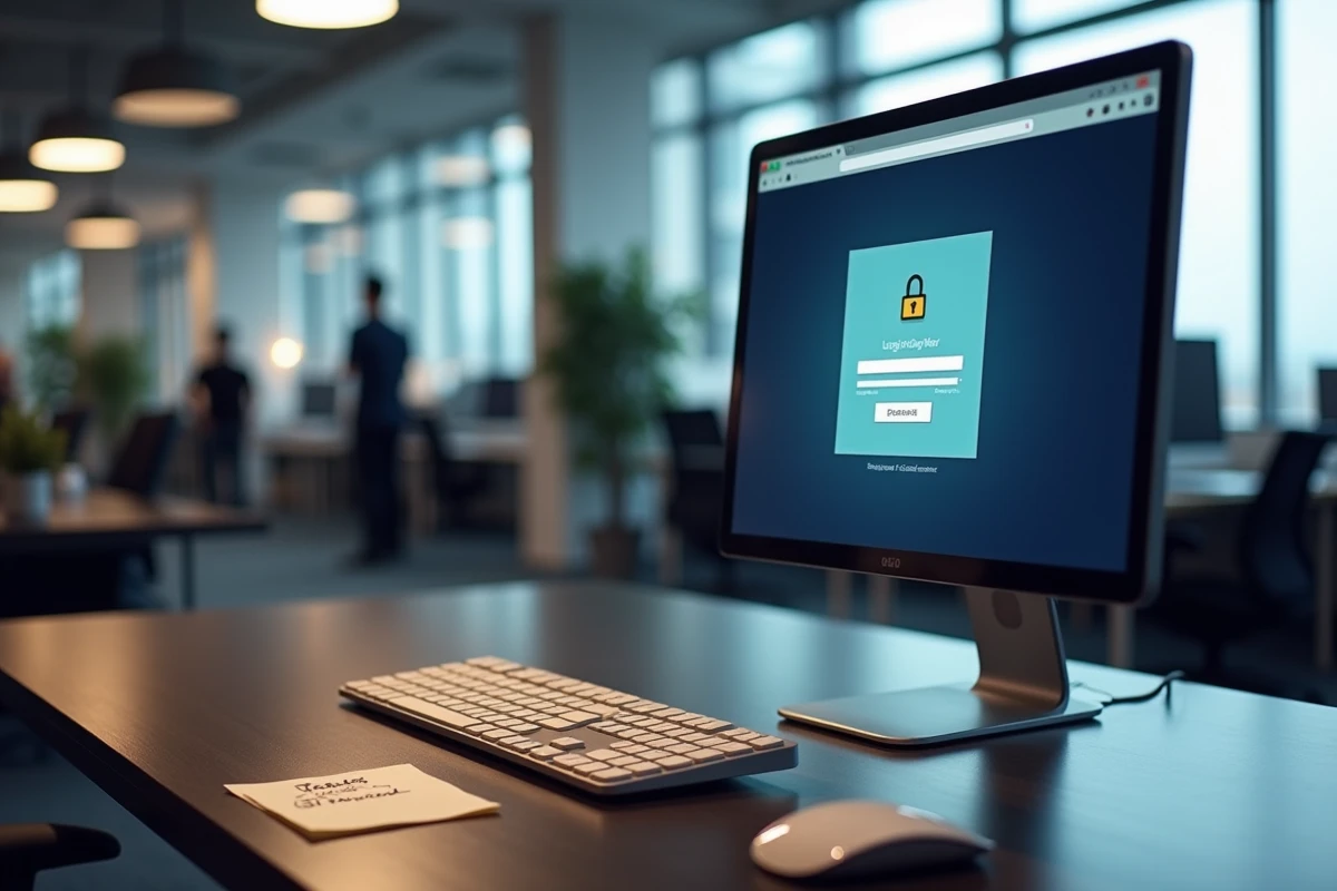 Écran d'ordinateur affichant une page de connexion sécurisée pour l'espace personnel Nexity, avec clavier et bureau professionnel