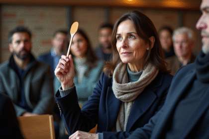 Femme d'âge moyen lors d'une enchère immobilière intérieure