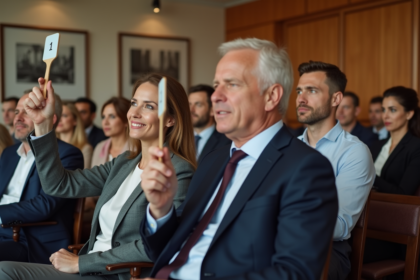 Participants à une enchère immobiliere en costume