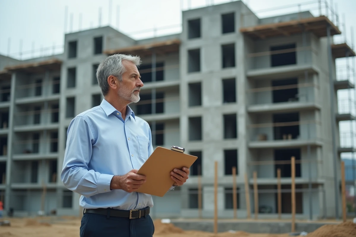Entrepreneur immobilier devant un immeuble en construction planifiant un financement alternatif pour une SCI