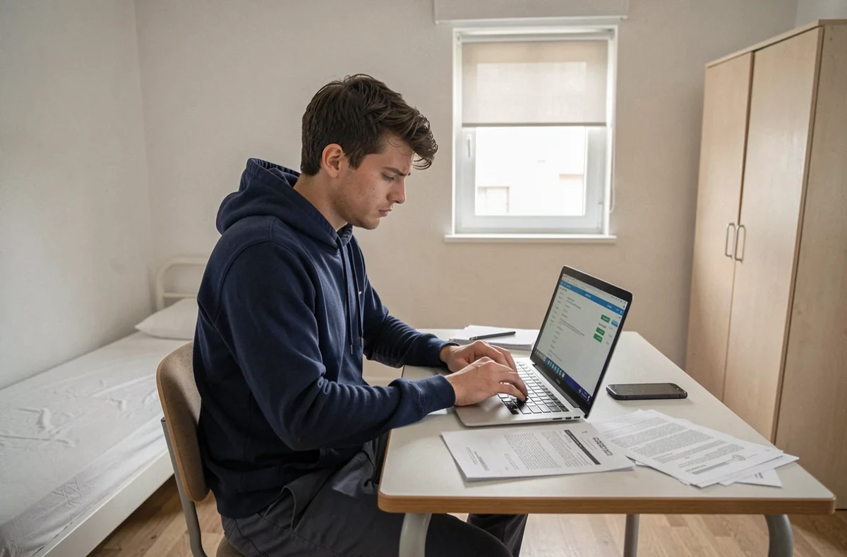 Étudiant stressé cherchant son code locataire CROUS perdu sur son ordinateur dans sa chambre universitaire