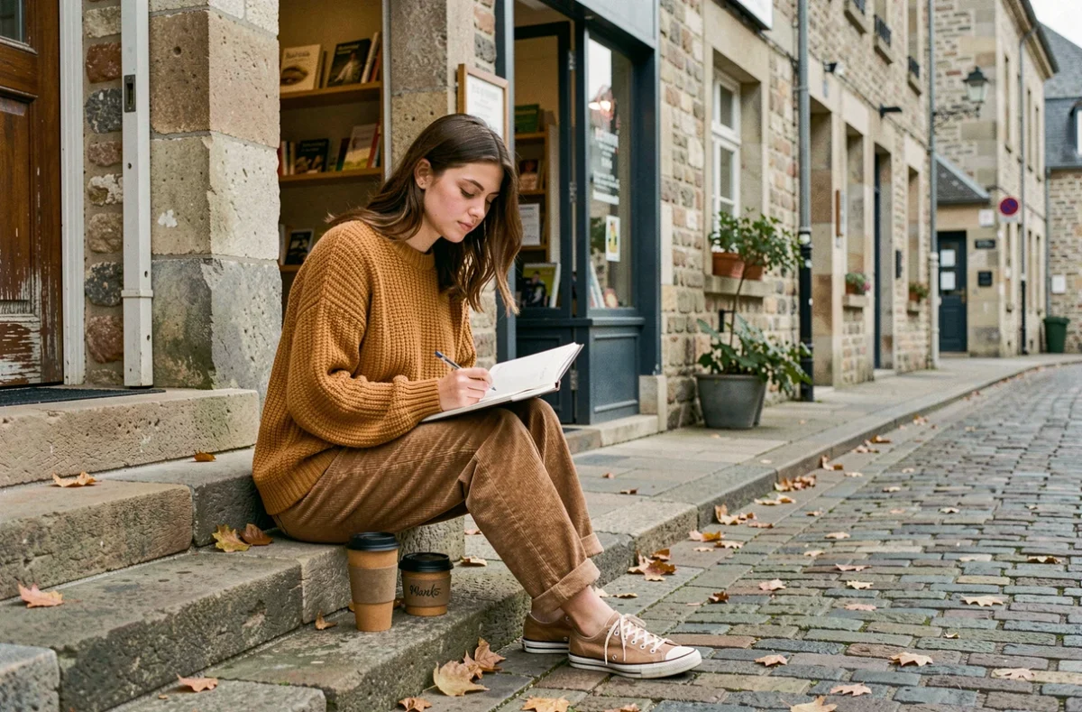 Étudiante lisant ses notes dans une rue pavée du centre-ville historique de Saint-Malo