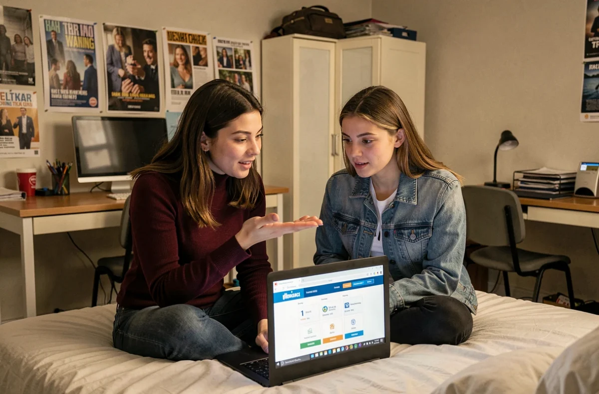 Deux étudiantes comparant des offres d'assurance multirisque habitation sur un ordinateur portable en résidence Crous