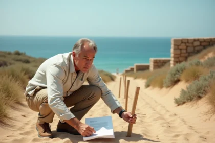 Homme examinant les bornes d'un terrain à vendre en bord de mer avec des documents légaux à la main