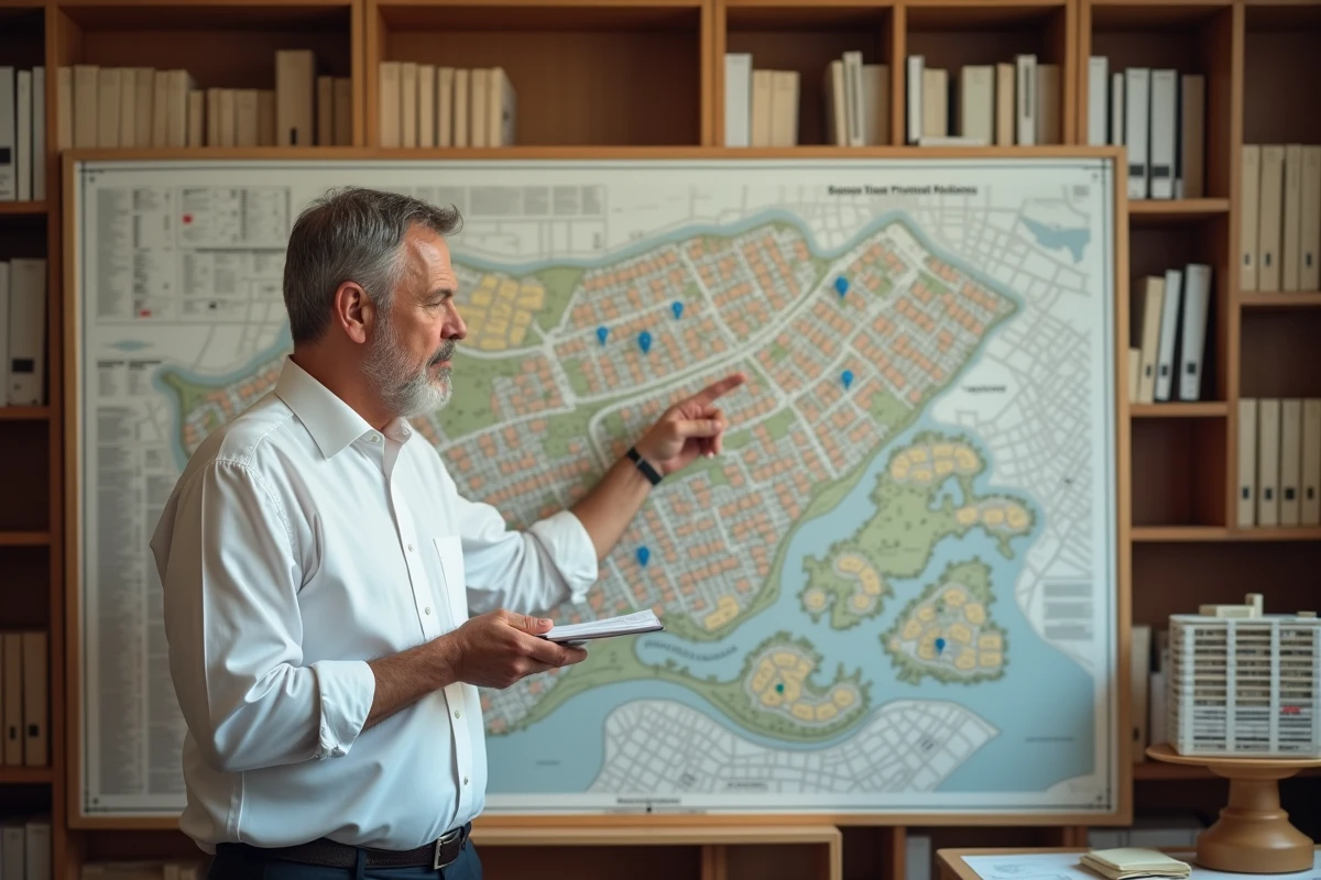 Expert en urbanisme analysant une carte du logement dans un bureau de planification municipale
