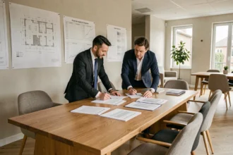 Deux experts immobiliers en Hauts-de-France analysent des documents d'estimation dans un bureau professionnel moderne