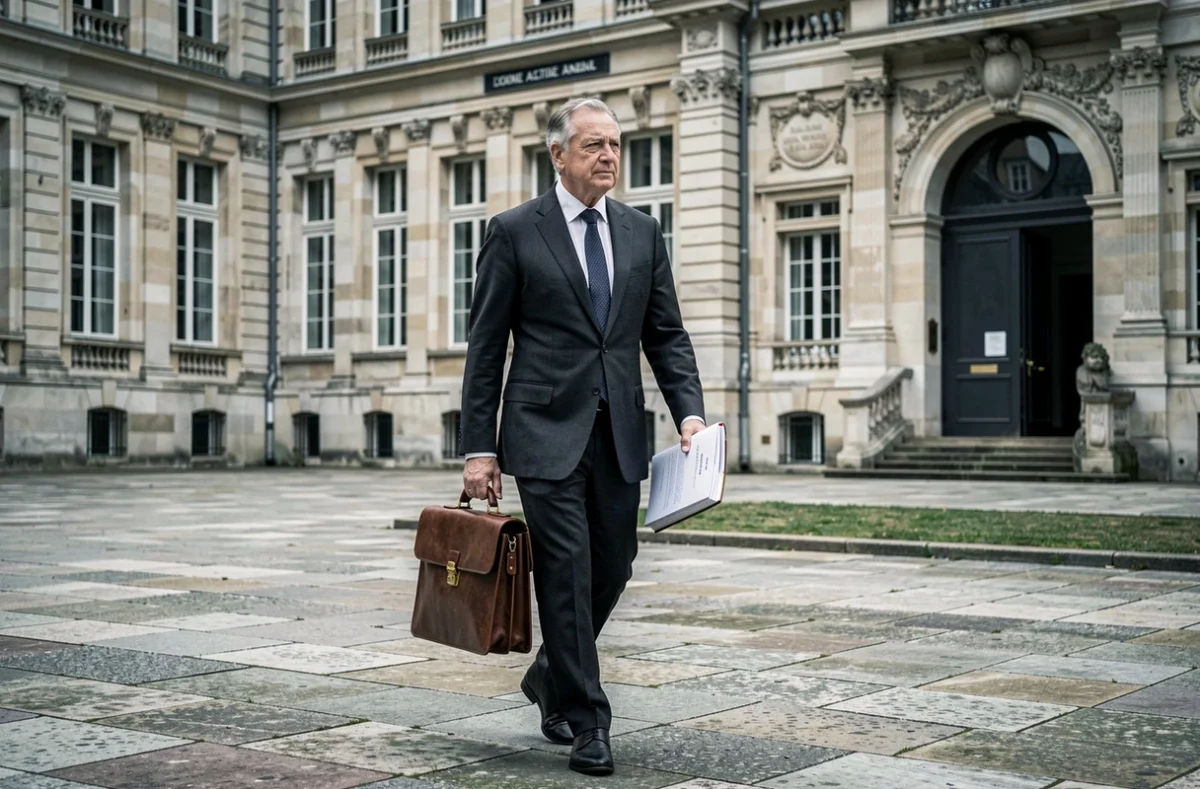 Expert judiciaire immobilier traversant la cour d'une cour d'appel de Douai ou d'Amiens avec un rapport d'expertise