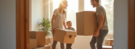 Famille heureuse portant des cartons dans un salon lumineux