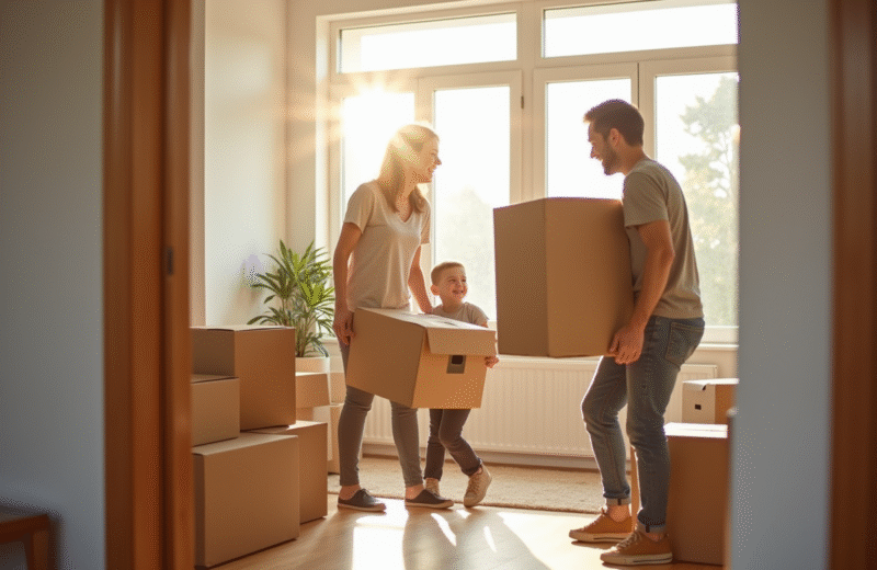 Famille heureuse portant des cartons dans un salon lumineux